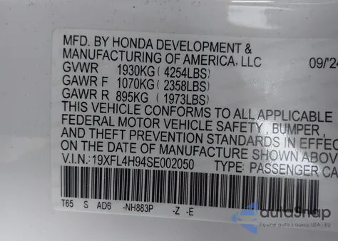 2025 Honda Civic Hybrid Sport Touring z USA, uszkodzony, nr VIN 19XFL4H94SE002050